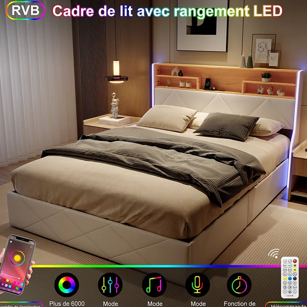 Simple Life Lit double 160x200 cm, rangement à vérin hydraulique, tête de lit USB, LED, effet pierre, PU, Blanc* Lit Coffre