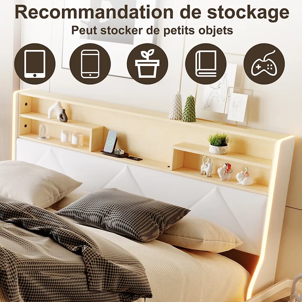 Simple Life Lit double 160x200 cm, rangement à vérin hydraulique, tête de lit USB, LED, effet pierre, PU, Blanc* Lit Coffre