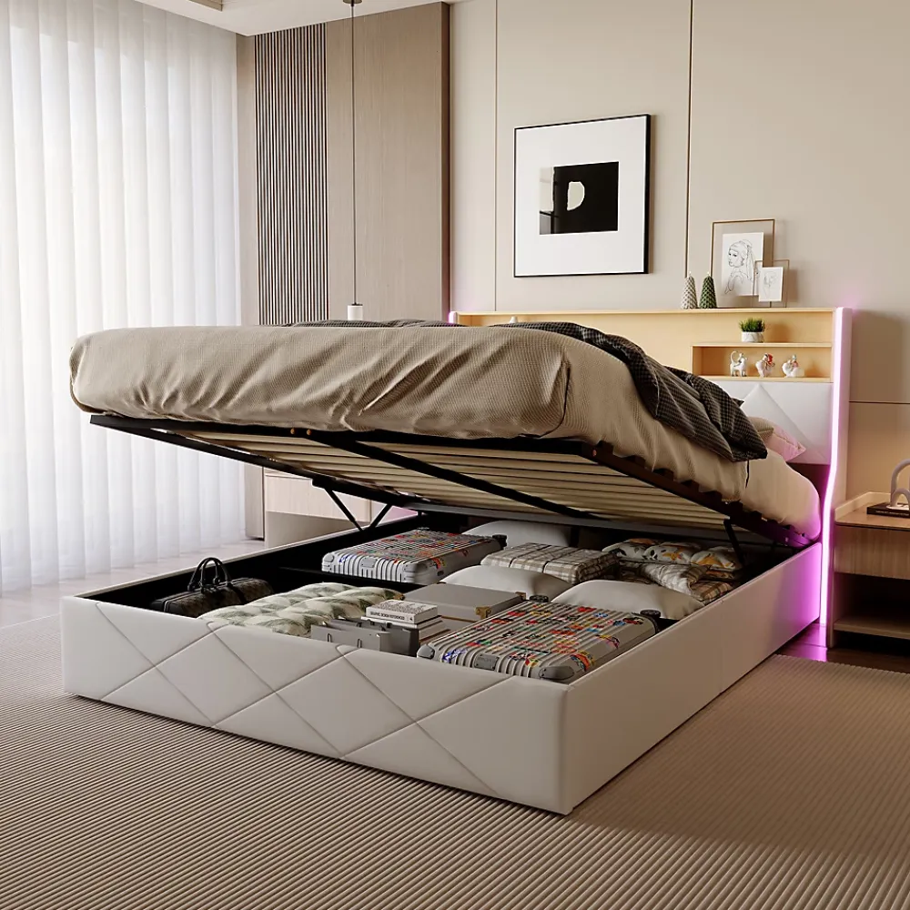 Simple Life Lit double 160x200 cm, rangement à vérin hydraulique, tête de lit USB, LED, effet pierre, PU, Blanc* Lit Coffre
