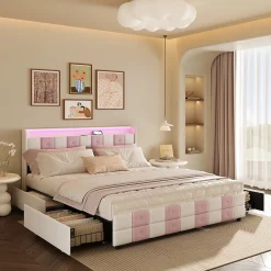 Lit double 140x190 cm, rangement, tête LED multicolore, USB, 4 tiroirs, Velours, Blanc Rose>Simple Life Hot