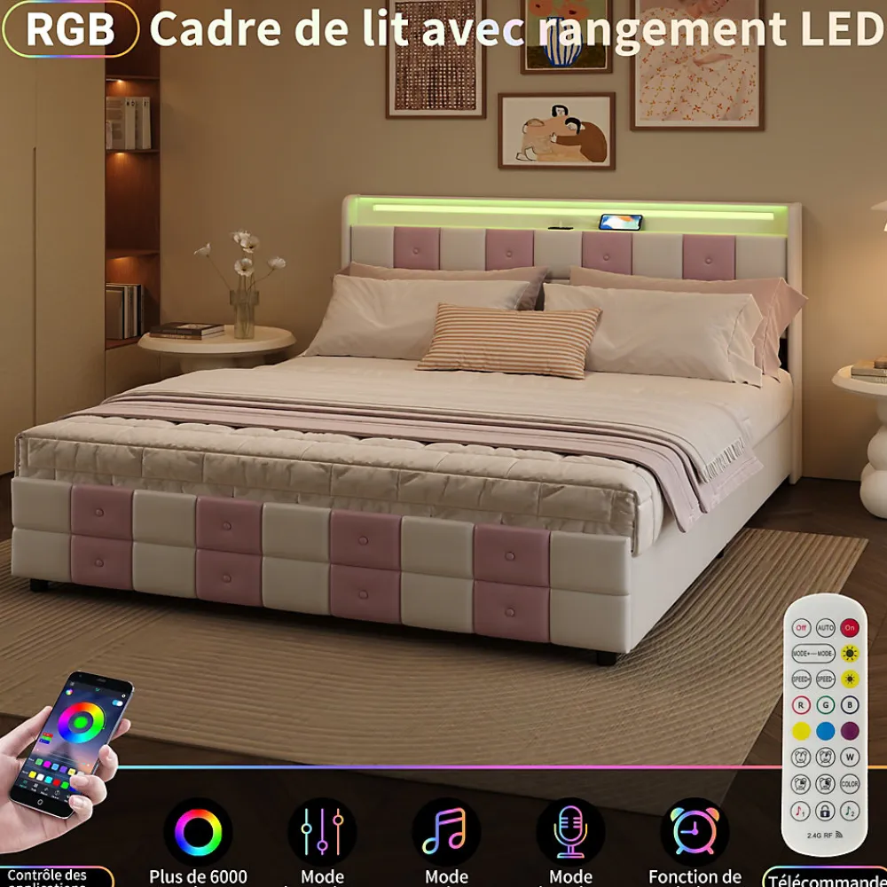 Lit double 140x190 cm, rangement, tête LED multicolore, USB, 4 tiroirs, Velours, Blanc Rose>Simple Life Hot