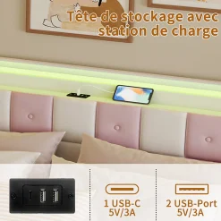 Lit double 140x190 cm, rangement, tête LED multicolore, USB, 4 tiroirs, Velours, Blanc Rose><noscript><img width=