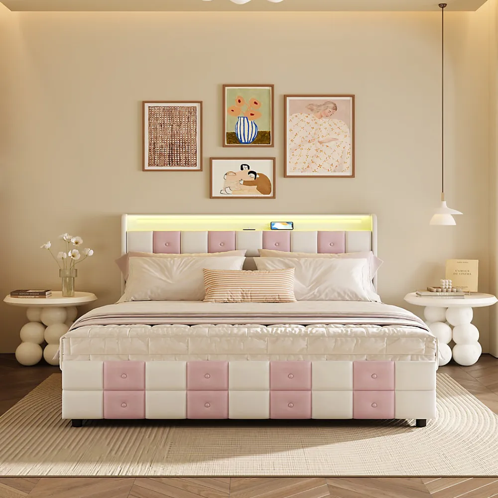 Lit double 140x190 cm, rangement, tête LED multicolore, USB, 4 tiroirs, Velours, Blanc Rose>Simple Life Hot