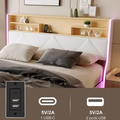 Simple Life Lit double 140x200 cm, rangement à vérin hydraulique, tête de lit USB, LED, effet pierre, PU, Blanc* Lit Coffre