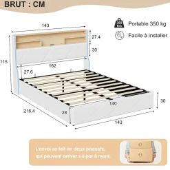 Simple Life Lit double 140x200 cm, rangement à vérin hydraulique, tête de lit USB, LED, effet pierre, PU, Blanc* Lit Coffre