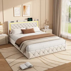 Simple Life Lit double 140x190 cm, rangement, tête de lit étagères, LED, USB Type-C, Velours, Beige* Lit Coffre