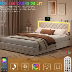 Simple Life Lit double 140x190 cm, rangement, tête de lit étagères, LED, USB Type-C, Velours, Beige* Lit Coffre