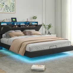 Lit double 140x200 cm rembourré gris en PU avec LED, ports USB, tête de lit et coffre de rangement>ProximaX New