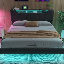 Lit double 140x200 cm rembourré gris en PU avec LED, ports USB, tête de lit et coffre de rangement>ProximaX New