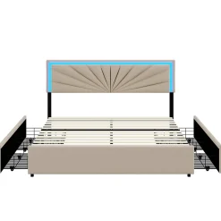 Lit double 160x200 cm rembourré avec 4 tiroirs, tête de lit avec rangement, LED, sommier à lattes, beige><noscript><img width=