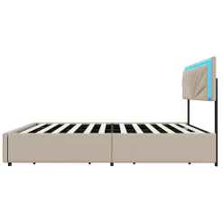 Lit double 160x200 cm rembourré avec 4 tiroirs, tête de lit avec rangement, LED, sommier à lattes, beige><noscript><img width=