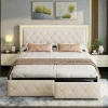 Lit double 140x200 cm rembourré avec LED, tête réglable, 4 tiroirs, coffre de rangement et sommier, Blanc cassé>ProximaX Outlet