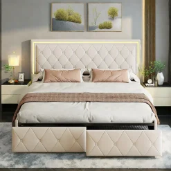 Lit double 140x200 cm rembourré avec LED, tête réglable, 4 tiroirs, coffre de rangement et sommier, Blanc cassé>ProximaX Outlet
