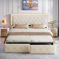 Lit double 140x200 cm rembourré avec LED, tête réglable, 4 tiroirs, coffre de rangement et sommier, Blanc cassé>ProximaX Outlet