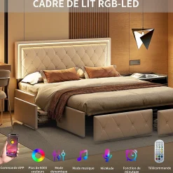 Lit double 140x200 cm rembourré avec LED, tête réglable, 4 tiroirs, coffre de rangement et sommier, Blanc cassé><noscript><img width=