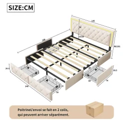 Lit double 140x200 cm rembourré avec LED, tête réglable, 4 tiroirs, coffre de rangement et sommier, Blanc cassé><noscript><img width=