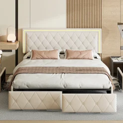 Lit double 140x200 cm rembourré avec LED, tête réglable, 4 tiroirs, coffre de rangement et sommier, Blanc cassé><noscript><img width=