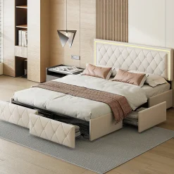 Lit double 140x200 cm rembourré avec LED, tête réglable, 4 tiroirs, coffre de rangement et sommier, Blanc cassé><noscript><img width=