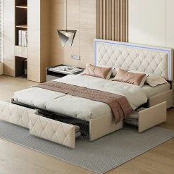 Lit double 140x200 cm rembourré avec LED, tête réglable, 4 tiroirs, coffre de rangement et sommier, Blanc cassé><noscript><img width=