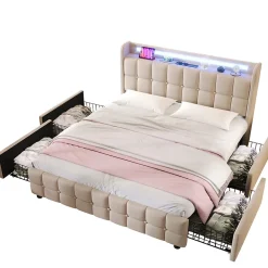 Fortuna lai Lit double 160x200 cm rembourré, tête LED, 4 tiroirs, USB, lin beige, sans matelas* Lit Coffre