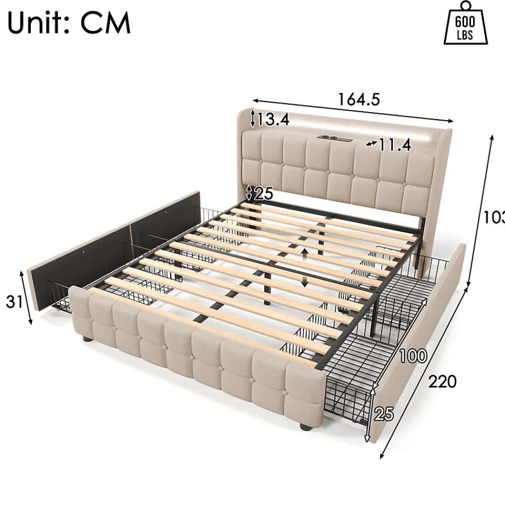 Fortuna lai Lit double 160x200 cm rembourré, tête LED, 4 tiroirs, USB, lin beige, sans matelas* Lit Coffre