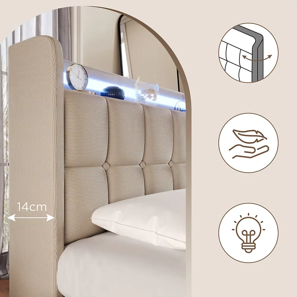 Fortuna lai Lit double 160x200 cm rembourré, tête LED, 4 tiroirs, USB, lin beige, sans matelas* Lit Coffre