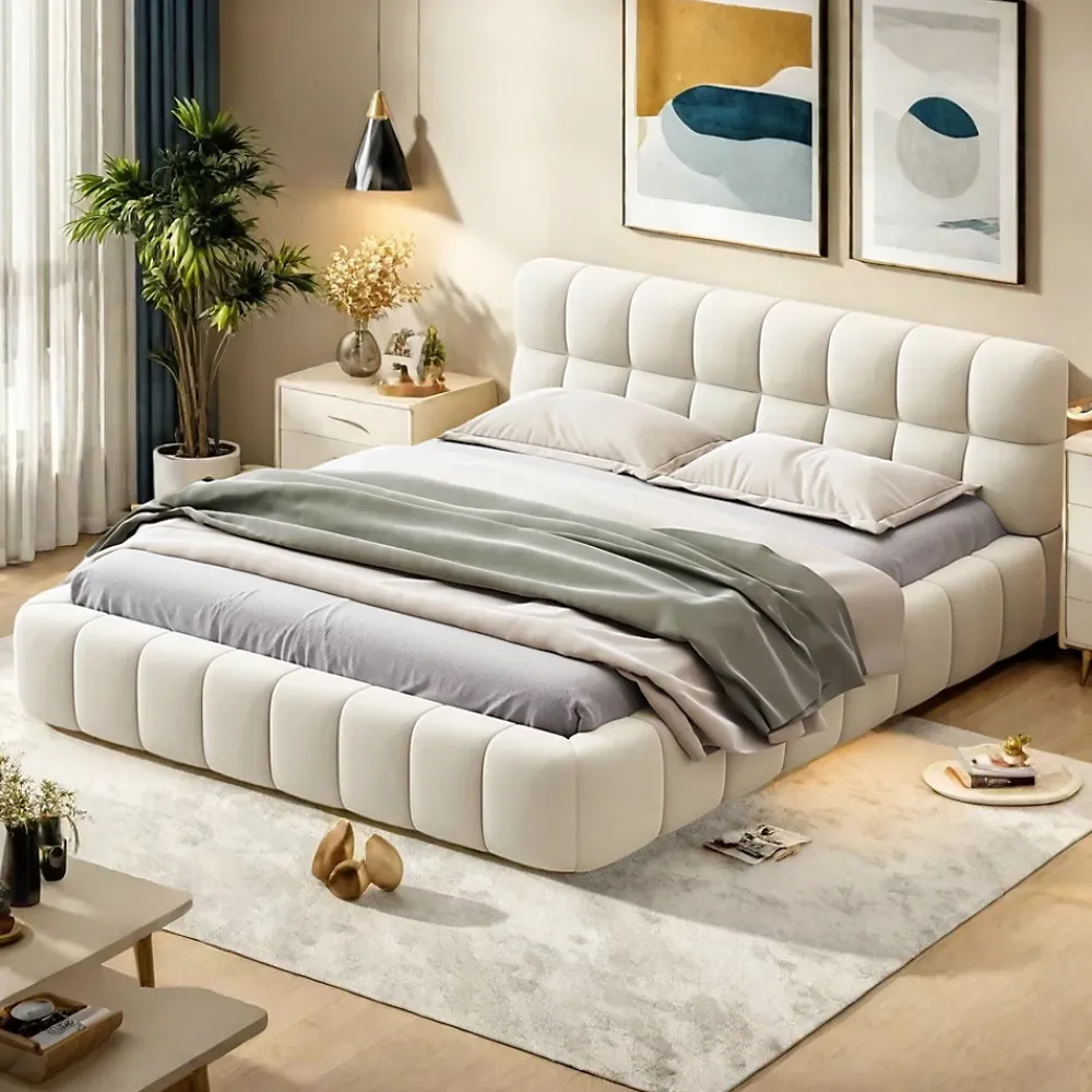 ProximaX Lit double 160x200 cm rembourré lin avec dossier moelleux, bordure rembourrée et sommier à lattes, sans matelas, Beige* Lit Coffre