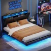 Lit double 140x200 cm rembourré gris en PU avec LED, ports USB, tête de lit et coffre de rangement>ProximaX Sale