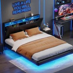 Lit double 140x200 cm rembourré gris en PU avec LED, ports USB, tête de lit et coffre de rangement>ProximaX Sale