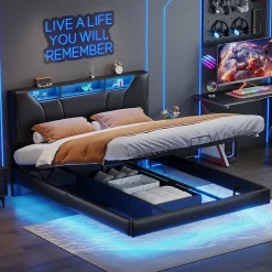 Lit double 140x200 cm rembourré gris en PU avec LED, ports USB, tête de lit et coffre de rangement><noscript><img width=