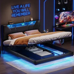 Lit double 140x200 cm rembourré gris en PU avec LED, ports USB, tête de lit et coffre de rangement><noscript><img width=