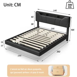 Lit double 140x200 cm rembourré gris en PU avec LED, ports USB, tête de lit et coffre de rangement><noscript><img width=