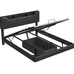 Lit double 140x200 cm rembourré gris en PU avec LED, ports USB, tête de lit et coffre de rangement><noscript><img width=
