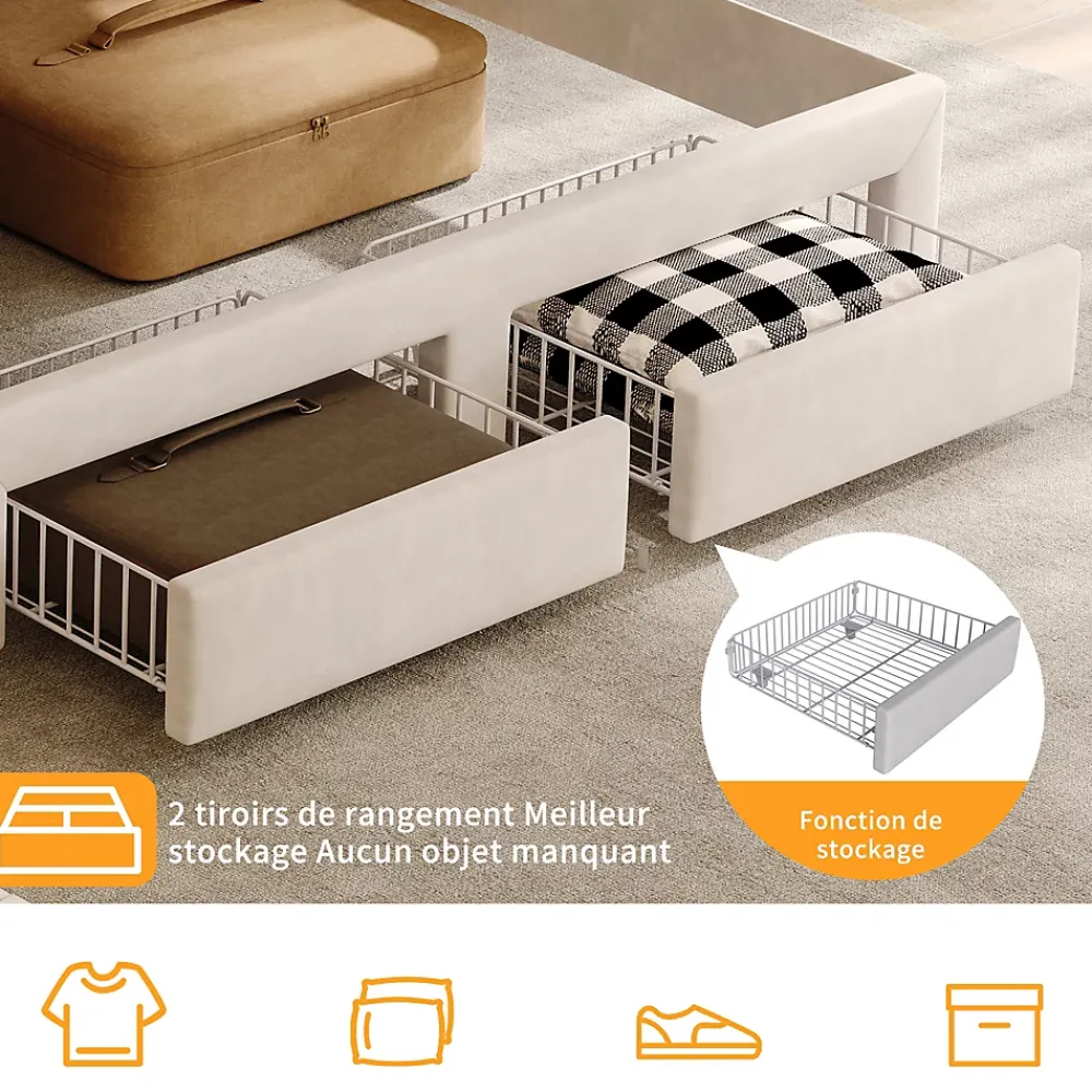 Simple Life Lit double 140x200 cm, tiroirs, tête de lit LED, USB, cadre métal, Velours, Beige* Lit Coffre