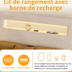 Simple Life Lit double 140x200 cm, tiroirs, tête de lit LED, USB, cadre métal, Velours, Beige* Lit Coffre