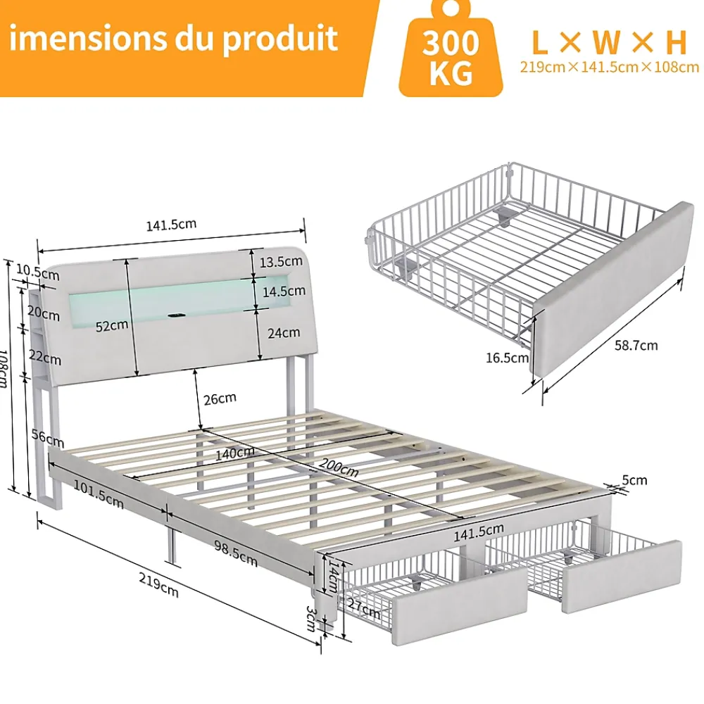 Simple Life Lit double 140x200 cm, tiroirs, tête de lit LED, USB, cadre métal, Velours, Beige* Lit Coffre