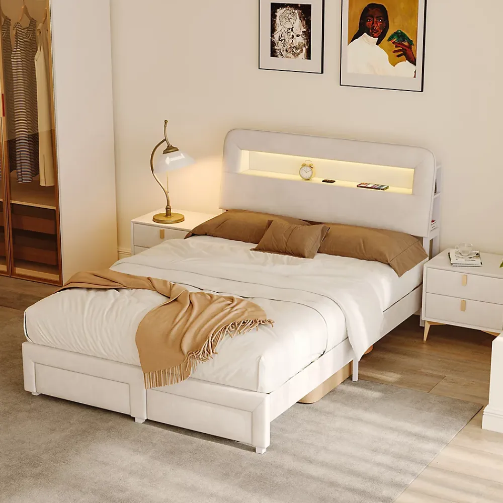 Simple Life Lit double 140x200 cm, tiroirs, tête de lit LED, USB, cadre métal, Velours, Beige* Lit Coffre