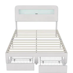 Simple Life Lit double 140x200 cm, tiroirs, tête de lit LED, USB, cadre métal, Velours, Beige* Lit Coffre