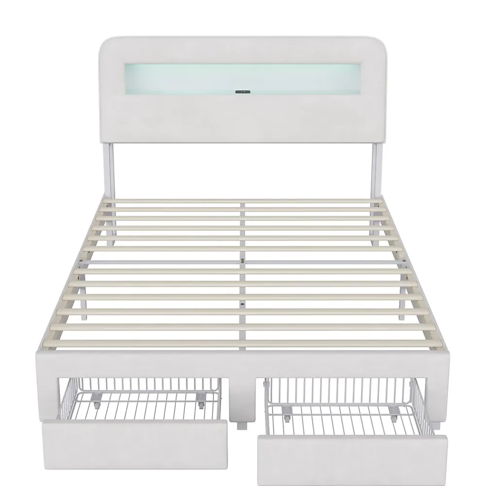 Simple Life Lit double 140x200 cm, tiroirs, tête de lit LED, USB, cadre métal, Velours, Beige* Lit Coffre