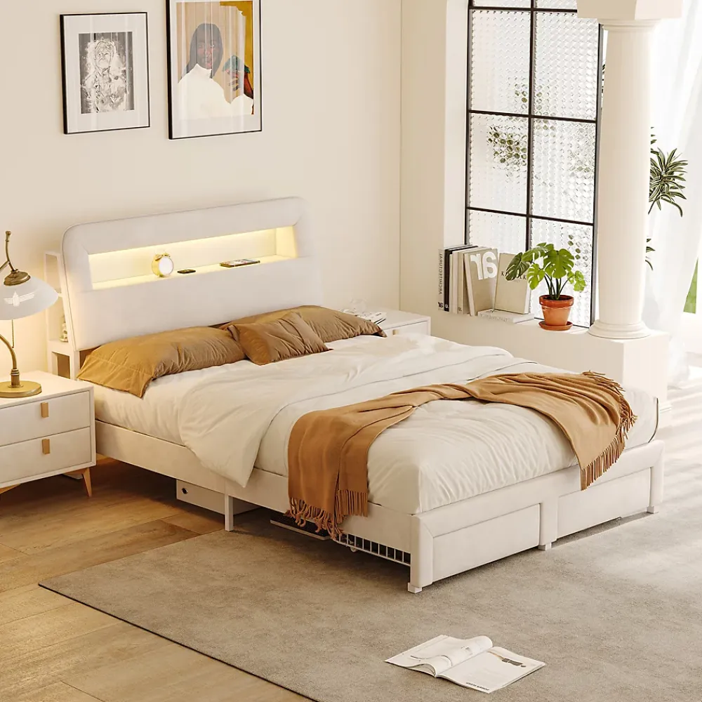 Simple Life Lit double 140x200 cm, tiroirs, tête de lit LED, USB, cadre métal, Velours, Beige* Lit Coffre
