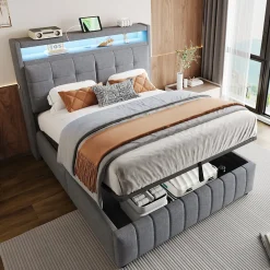 Lit double 140x200 cm tissu gris avec LED, USB, tête de lit étagères et rangement hydraulique, Sommier inclus, design moderne>ProximaX Outlet