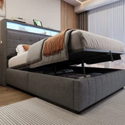 Lit double 140x200 cm tissu gris avec LED, USB, tête de lit étagères et rangement hydraulique, Sommier inclus, design moderne>ProximaX Outlet