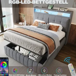 Lit double 140x200 cm tissu gris avec LED, USB, tête de lit étagères et rangement hydraulique, Sommier inclus, design moderne><noscript><img width=