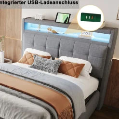 Lit double 140x200 cm tissu gris avec LED, USB, tête de lit étagères et rangement hydraulique, Sommier inclus, design moderne><noscript><img width=