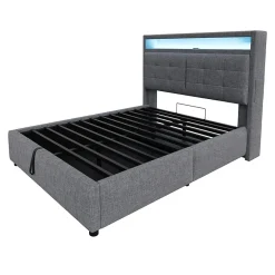 Lit double 140x200 cm tissu gris avec LED, USB, tête de lit étagères et rangement hydraulique, Sommier inclus, design moderne><noscript><img width=