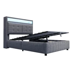 Lit double 140x200 cm tissu gris avec LED, USB, tête de lit étagères et rangement hydraulique, Sommier inclus, design moderne><noscript><img width=