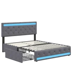 Simple Life Lit double 180x200 cm, tête de lit LED réglable, chargement USB/Type-C, 4 tiroirs, sommier à lattes, structure métal gris.* Lit Coffre