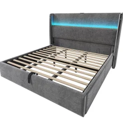 Lit double 180x200 cm, tête haute, LED/USB, hydraulique, lin - gris><noscript><img width=