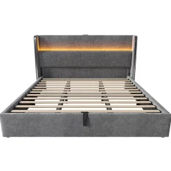 Lit double 180x200 cm, tête haute, LED/USB, hydraulique, lin - gris><noscript><img width=