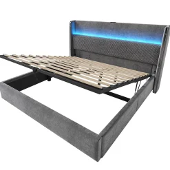 Lit double 180x200 cm, tête haute, LED/USB, hydraulique, lin - gris><noscript><img width=